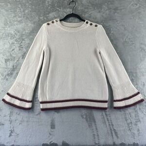 Loft Sweater Women's S Ivory w/ Red Gold Trim Bell Sleeves Button Sholder Detail